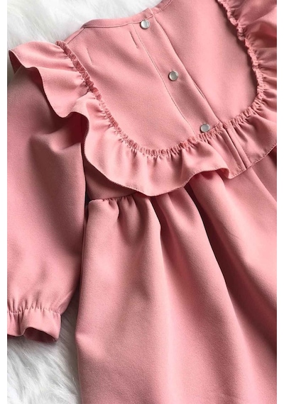 Fırfır Ve Kurdele Detaylı Tasarım Krep Pudra Pembe Kız Çocuk Bebek Elbise 001