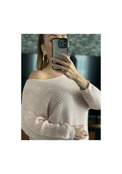 Wellway Kayık Yaka Simli Kumaş İnce Triko Kazak-pembe Pembe