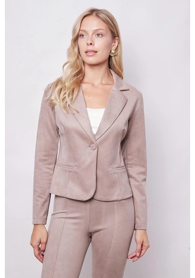 Kadın Kadife Likralı Yumuşak Dokulu Flato Cepli Uzun Kol Düğmeli Blazer Mono Ceket-bej Bej