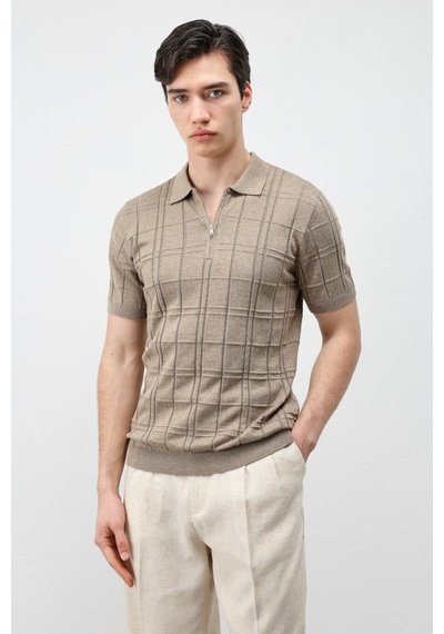 Antioch Kareli Desenli Erkek Triko T-shirt Bej