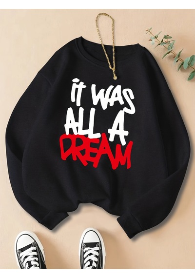 Startmore Startmorekadınlar Rahat Rahat Kazak Oldu Bir Rüya Baskılar Kazak Moda Sıcak Giyim Gevşek Crewneck Pola Siyah