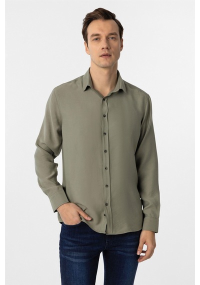 Süvari Haki Slim Fit Düz Klasik Yaka Gömlek Haki