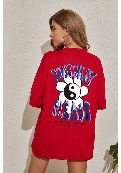 Unisex Positivity Tasarım Kısa Kol T-shirt Kırmızı