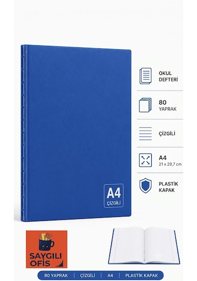 Saygılıofis 80 Yaprak A4 Dikişli Düz Pp Kapak Kareli Defter Mavi