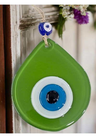 Mini Çimen Yeşil Damla Desen Nazar Boncuklu Duvar Dekoru Cam Duvar Süsü