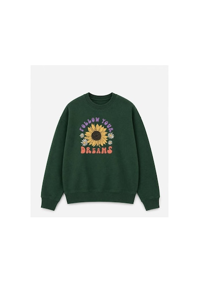 Herkesemoda Ayçiçek Baskılı 2 İplik Şardonlu Bisiklet Yaka Sweatshirt Yeşil