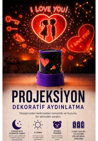 Projeksiyon Dekoratif Aydınlatma Kalp Yıldız I Love You Temalı 3d Yansıtma Gece Lambası 2 Modlu Kırmızı