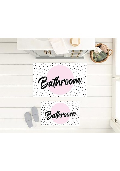 Bathroom Yazılı Banyo Paspası, Dekoratif Paspas, Yıkanabilir, Beyaz