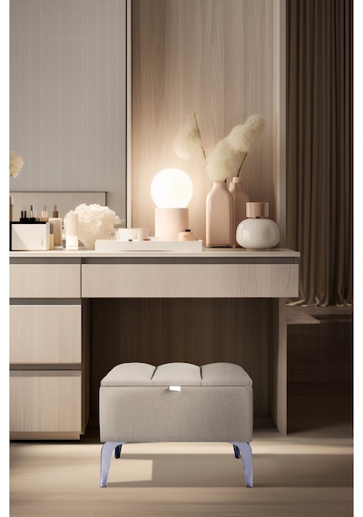 Vetra Mini Royal Bej Kumaş Sandıklı Dekoratif Puf&bench-dilimli Model-gümüş Ayak-modern Puf