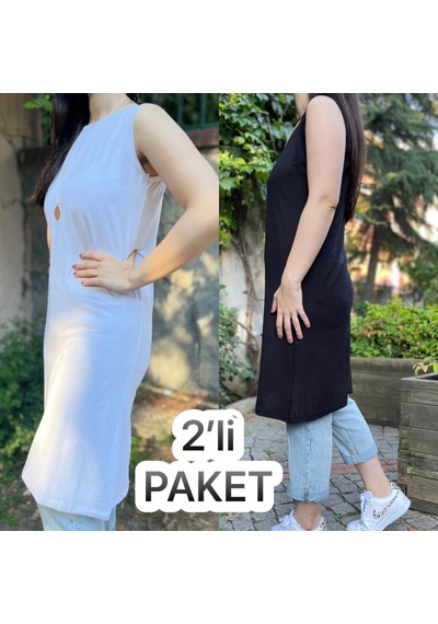 Kadın Sıfır Kol Penye Uzun Tunik İçlik Siyah Beyaz 2 Adet 001