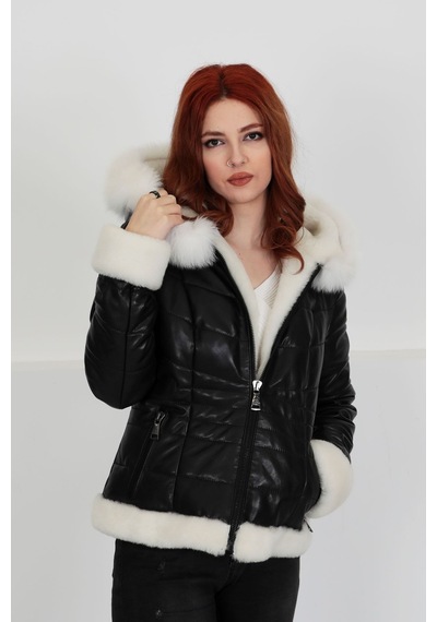 M M Marki Marki Siyah Özel Kürklü Şişme Hakiki Deri Mont, Kapüşonlu, 65 Cm, Fit Kesim, Kadın, Premium Dikiş Detaylı Siyah Deri - Beyaz Kürk