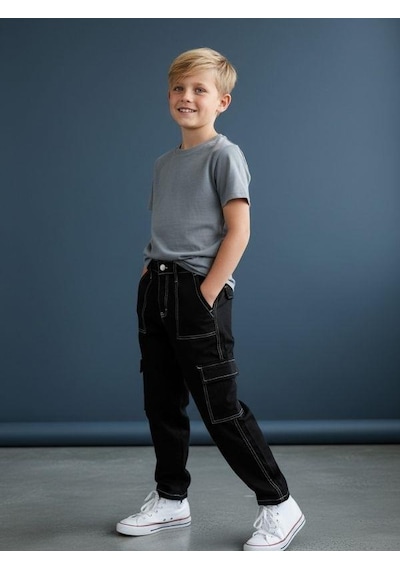 Zekids Çocuk Kargo Cepli Kontrast Dikişli Geniş Paça Pantolon-16618 Siyah Zekids Çocuk Kargo Cepli Kontrast Dikişli Geniş Paça Pantolon-16618 Siyah