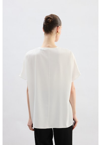 Sateen Geniş Kısa Kollu Bluz - Ekru-136761 Ekru