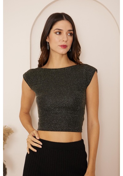 Darlin Moda Kadın Siyah Gold Simli Sırt Dekolteli Crop Bluz Dm8001 Siyah