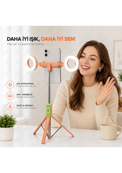 Blc Çift Led Işıklı Selfie Çubuğu Tripod Telefon Standı Katlanabilir Ergonomik Telefon Tutucu