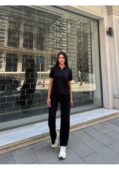 WeShaya Siyah Polyester Keten Polo Yaka Takım Siyah