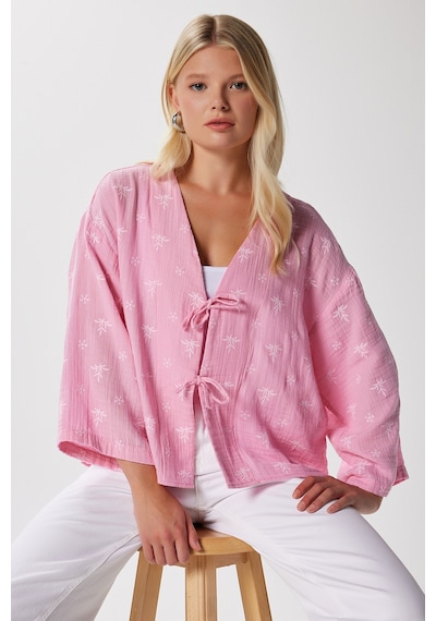 Ritnice Kadin Flora Müslin Kabartma Dokulu Pembe Kimono Pembe