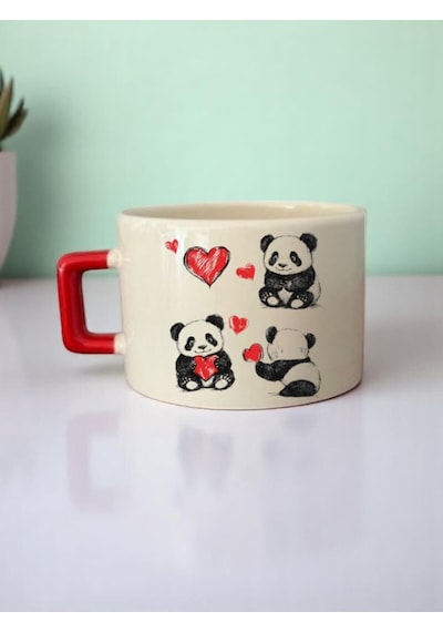 Kalp Ve Panda Baskılı 3'lü Seramik Kupa Bardak Beyaz