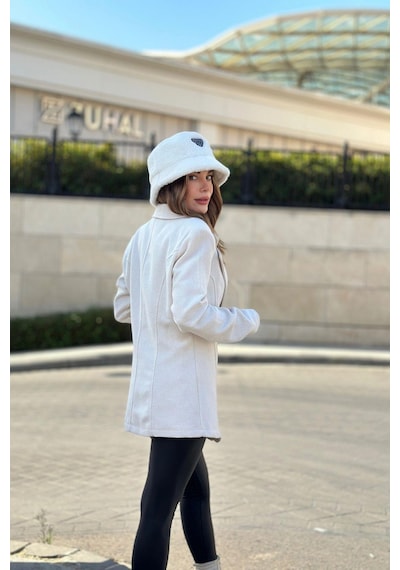 Kadın Beyaz Astarlı, Tek Düğme, Vucüda Oturan Kalıp, Fitilli Kaşe Kumaş Blazer Ceket Beyaz