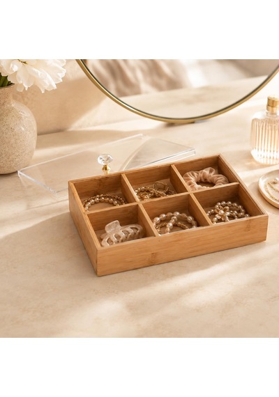6 Bölmeli Bambu Organizer Kutusu, Şeffaf Kapaklı Çay Ve Takı Düzenleyici Diğer