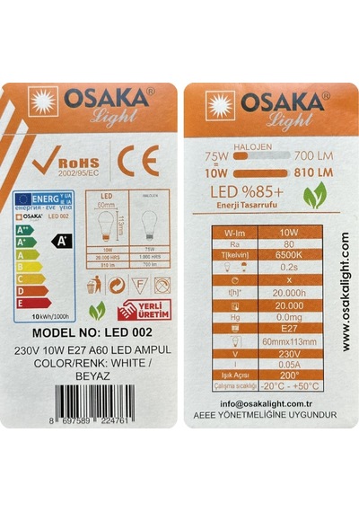 6 Adet Osaka 10w 75w Beyaz Işık 6500k E27 Duylu Kalın Duy Led Ampul