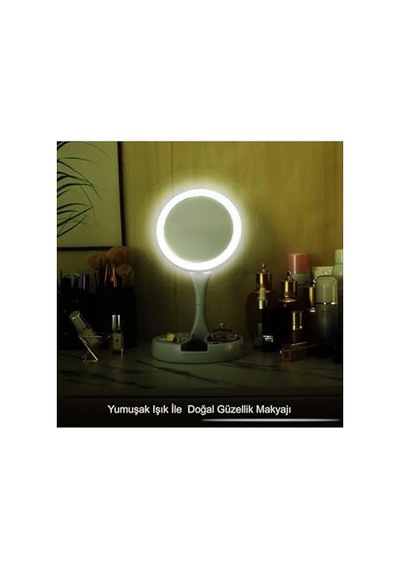 10x Büyütme Çift Taraflı Makyaj Ayna Katlanabilir 21 Led Işıklı Makyaj Aynası Usb Kablo Açık Bej