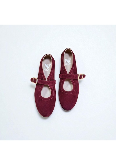 Ne&ve Shoes Bordo Süet Hakiki Deri Tokalı Kadın Babet