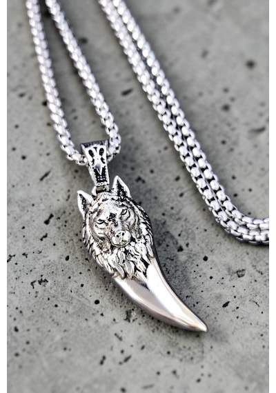 Ak Store Silver Gümüş Kaplama Krom-Çelik Erkek Kolye Madalyon Kurt Dişi Üzerine Bozkurt İşleme
