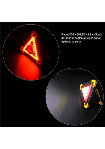 Shopytech Şarjlı Üçgen İkaz Lambası Cob Led Araç Arıza Uyarı Lambası Usb Şarjlı Acil Durum Trafik Gü