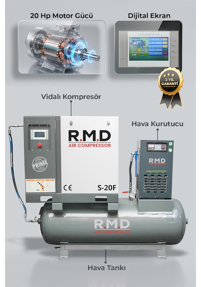 R.m.d Kompresör 20 Hp 500 Lt Depo Üstü Vidalı Hava Kompresör Seti - S-20f