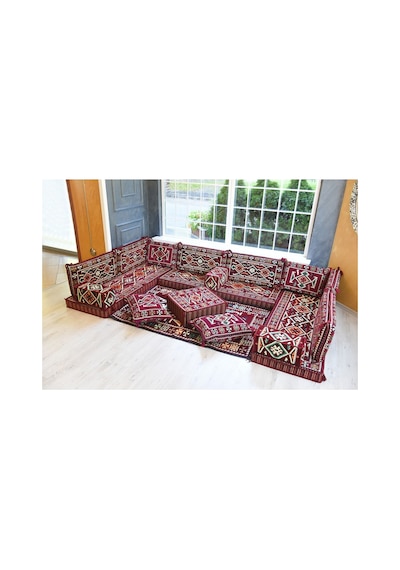 Otantik Şark Köşesi Takımı Bordo Anadolu 18 Parça Kilim Ve Puf Dahil Süngerli Sedir Seti