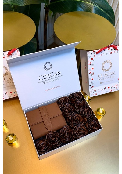 Premium Gift Rose Box - Lily Taba Hakiki Deri Cüzdan Kahverengi Gül Kutusu Taba