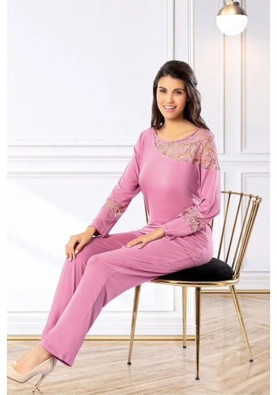 Faal 8617 Kadın Uzun Kollu Dantel Detaylı Pijama Takımı-gülkurusu GÜL KURUSU