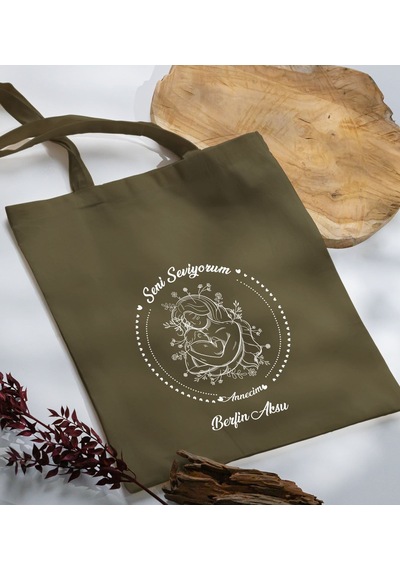 Bk Gift Kişiye Özel İsimli Anneler Günü Tasarımlı Haki Kumaş Bez Çanta, Baskılı Omuz Çantası, Alışveriş Çantası, Anneler Günü Hediyesi, Anneye Hediye-8 Sarı