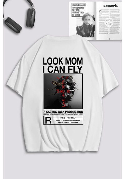 Unisex Kadın Erkek Travis Scott Dark Skeletion Özel Tasarım Baskılı Oversize T-shirt Beyaz Mck0077 Beyaz