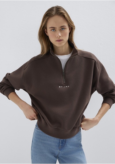 Mavi - Mvjns Nakışlı Yarı Fermuarlı Kahverengi Sweatshirt 1s10533-71603