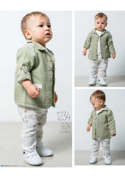 Caramell 3'lü Bebek Takımı Müslin Gömlek Pantalon Tişört Zürafa Desenli-1134 Yesil