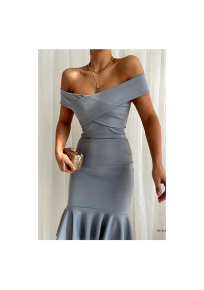 Store Krep Volanlı Yaka Madonna Elbise Kumaş Abiye Gri - 935903145 Gri