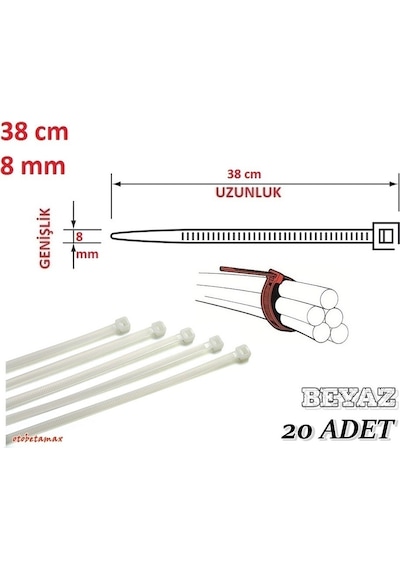 20 Adet Pemsan 38Cm X 8Mm Plastik Cırt Kelepçe Beyaz