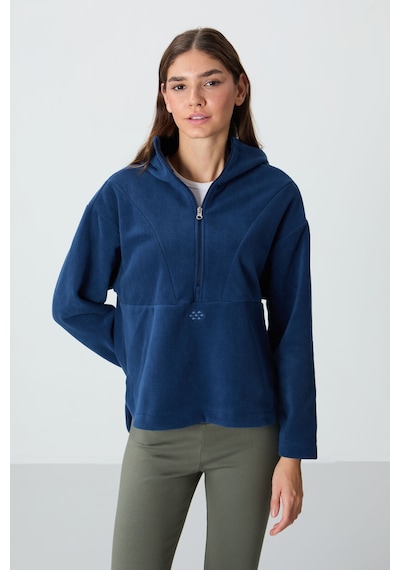 Tommy Life Parlament Kalın Yumuşak Dokulu Kapüşonlu Oversize Nakışlı Polar Kadın Sweatshirt -97286 Parlament Mavisi