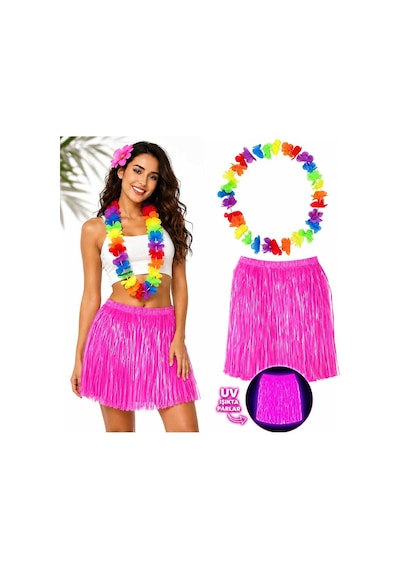 Neon Pembe Hawaii Etek 40 Cm Ve Rengarenk Hawaii Kolye Evimdeyokyok
