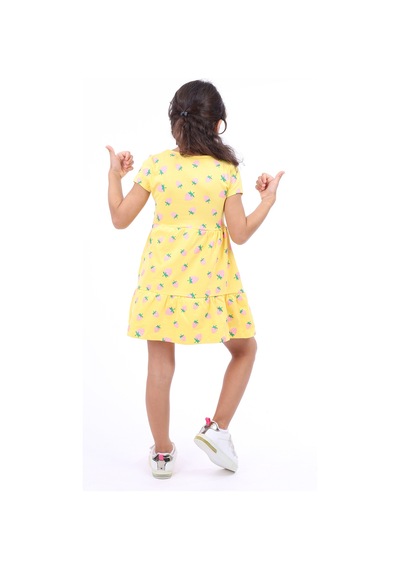 Toontoy Kız Çocuk Bisiklet Yaka Komple Çilek Baskılı Elbise Koyu Sarı