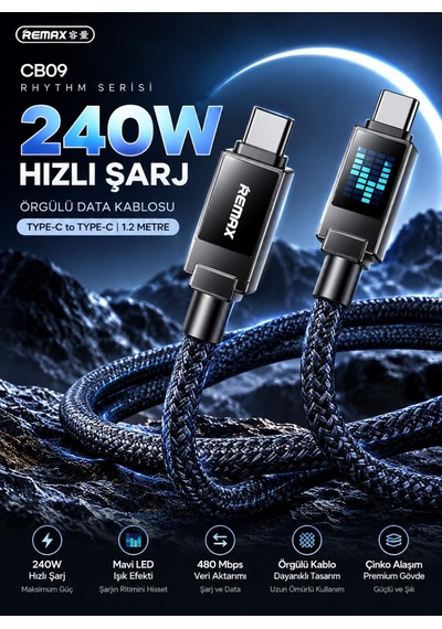 Remax Cb09-cc Rhythm Serisi 240w Type-c To Type-c Mavi Led Işıklı Örgülü Hızlı Şarj Ve Data Kablosu 1.2 Metre