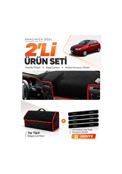 Fıat Palio 2005-2012 Uyumlu Torpido Örtüsü + Tay Tüyü Bagaj Çantası + Sticker Seti - Siyah Kırmızı