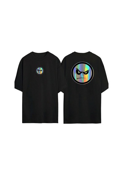 Thewert Unisex Folyo Renkli Yüz Ön Arka Baskılı Sıyah Oversize T-shirt Siyah