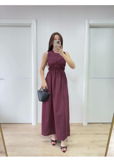 Dogutrend Kolsuz Göğüs Lastıklı Uzun Elbise - Bordo