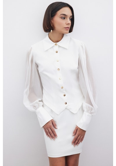 Sateen Şifon Kol Gömlek - Ekru-135201 Ekru