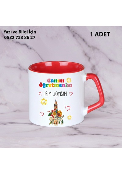Kişiye Özel İsimli Canım Öğretmenim Tasarımlı Kupa Bardak Öğretmenler Günü İçin Hediyelik Kısakırmızı