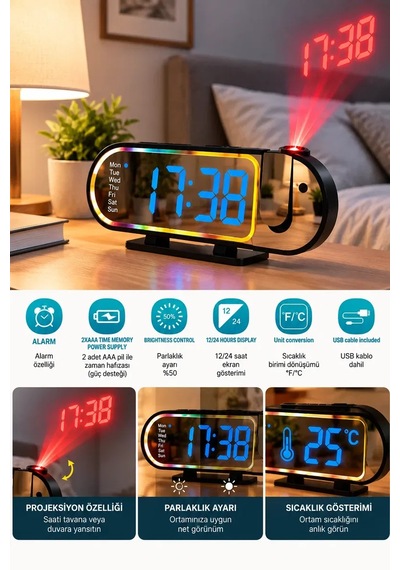 Led Dijital Masa Saati Şık Tasarım Alarm Özelliği Parlaklık Ayarı Sıcaklık Ve 12 24 Saat Gösterimi Diğer