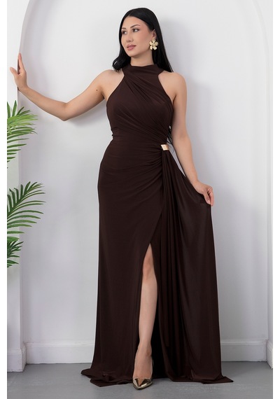 Kalopya Halter Yaka Drapeli Tokalı Abiye Elbise Ecr5862 Kahve